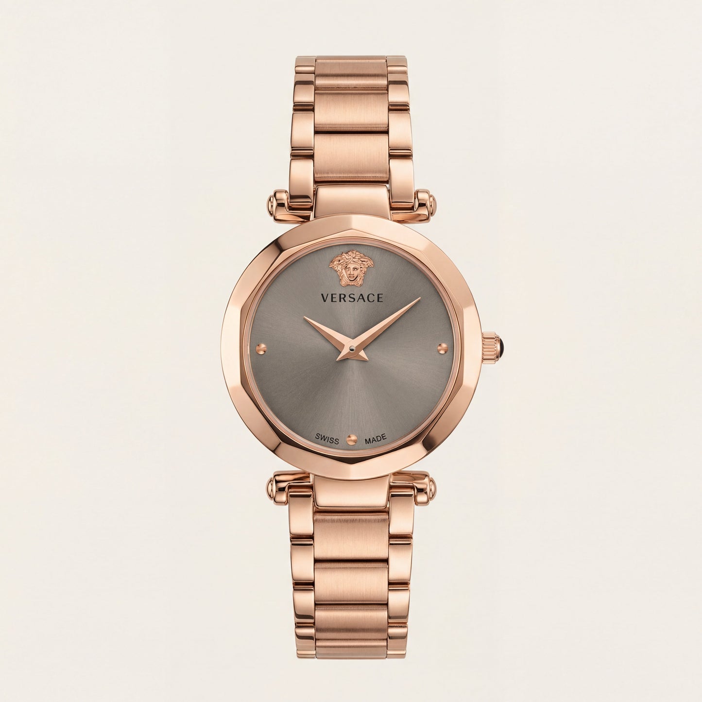 Rose Gold Stainless Steel Case Satin Silver Dial Luxury Medusa Bracelet Watch – Women