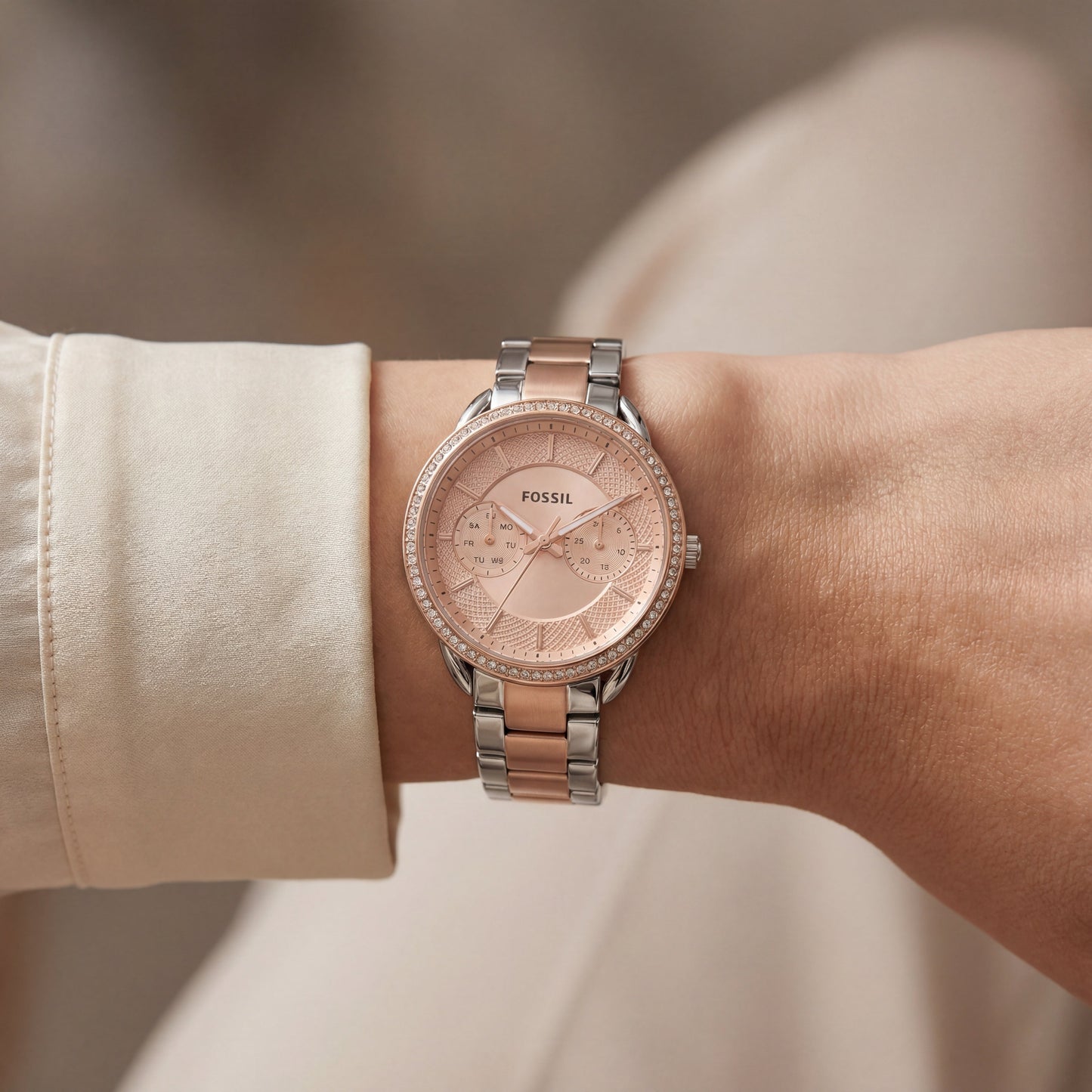 Two-Tone Rose Chronograph Crystal Bezel Watch – Signature Luxe Edition