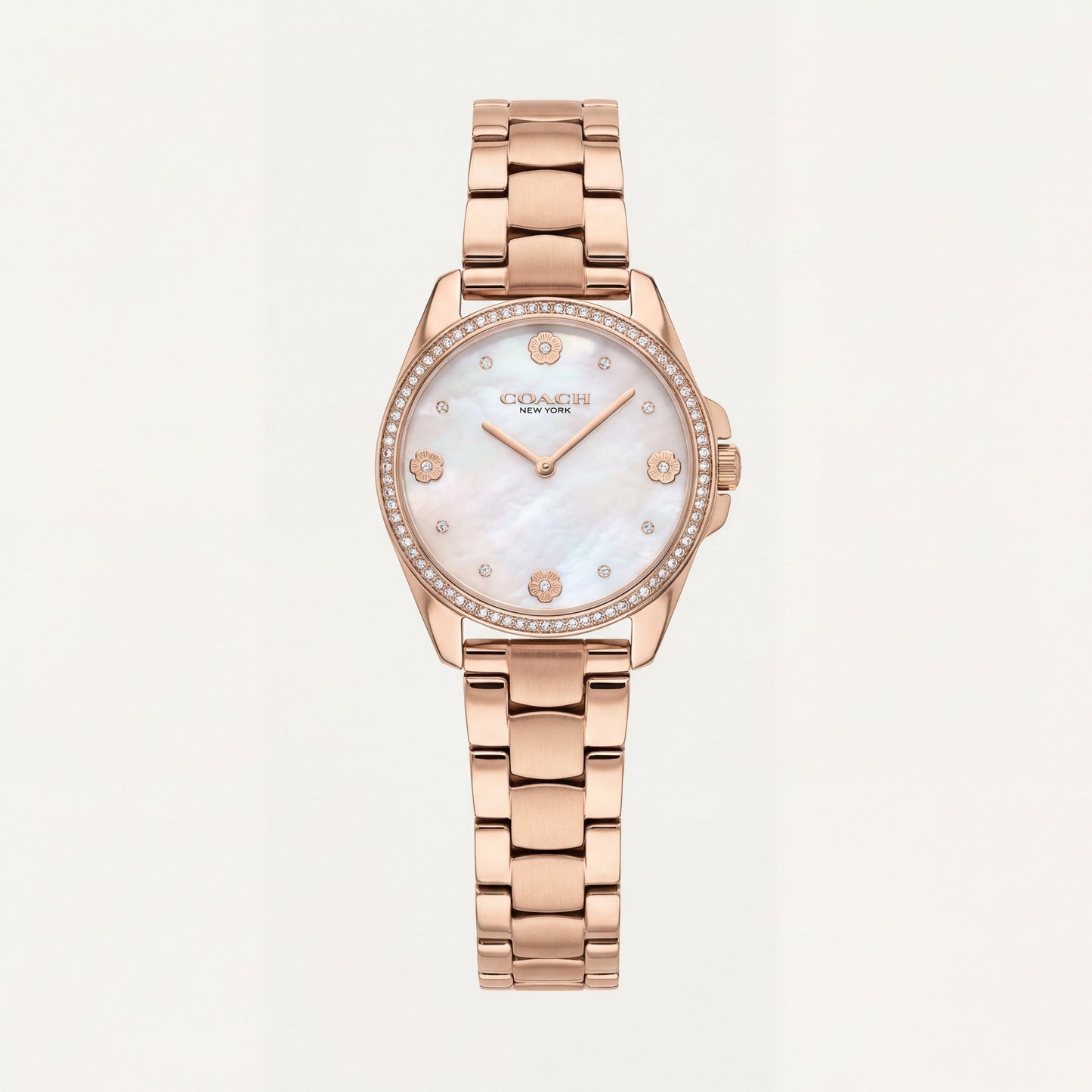 Rose Gold Crystal Bezel Mother of Pearl Floral Dial Elegant Bracelet Watch