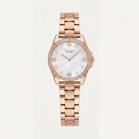 Rose Gold Crystal Bezel Mother of Pearl Floral Dial Elegant Bracelet Watch