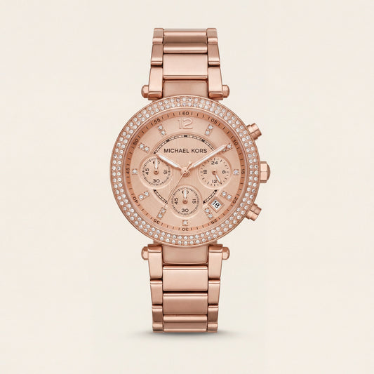 Rose Gold Crystal Bezel Chronograph Multi-Dial Bracelet Watch