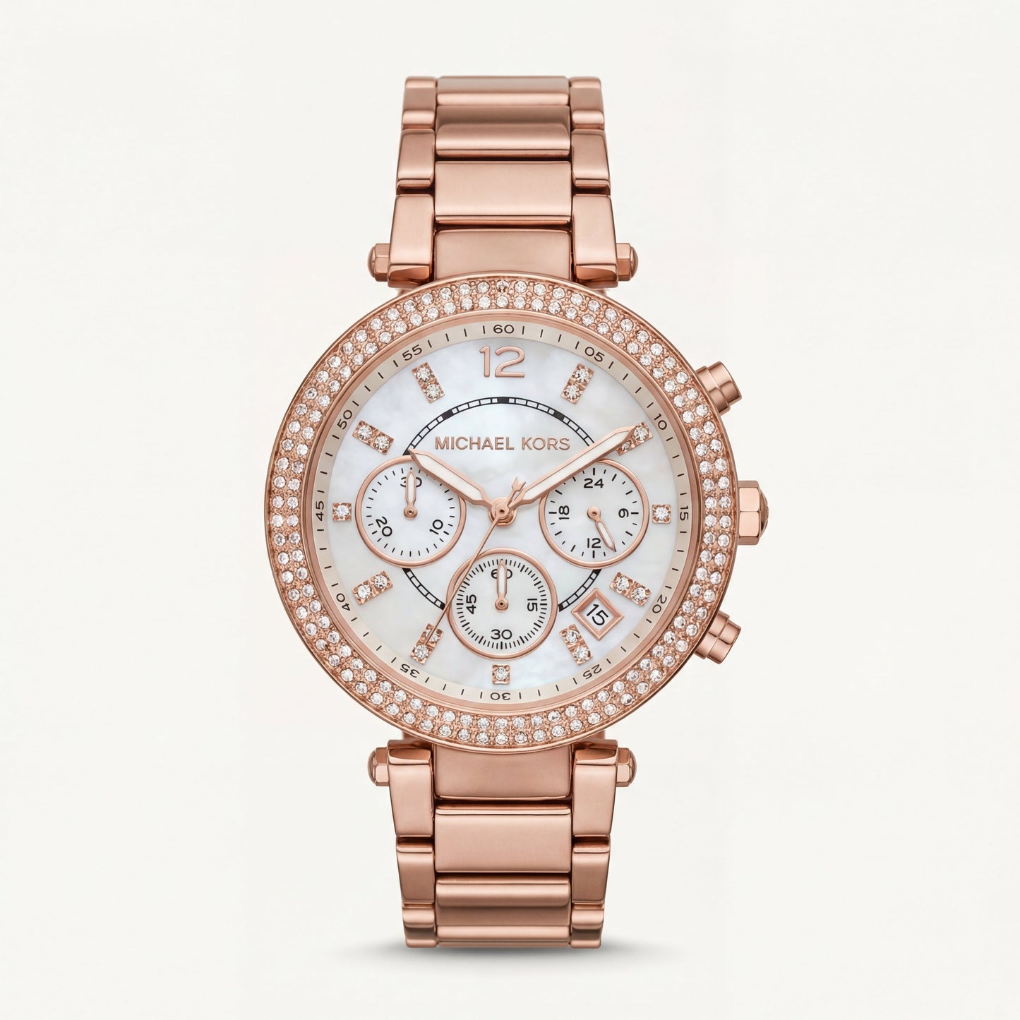 Rose Gold Crystal Bezel Mother-of-Pearl Chronograph Bracelet Watch