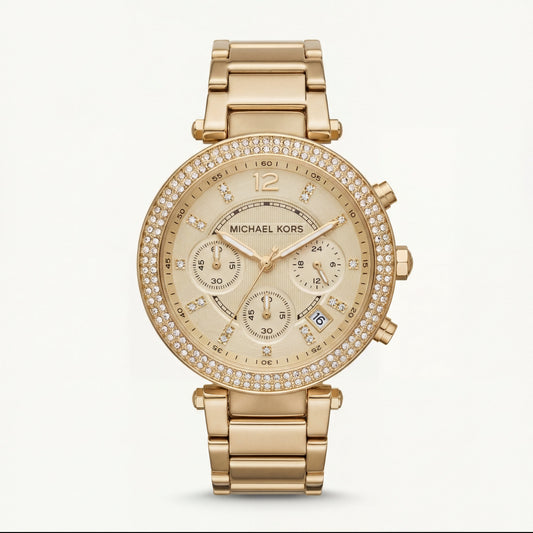 Gold Tone Crystal Bezel Champagne Dial Chronograph Bracelet Watch