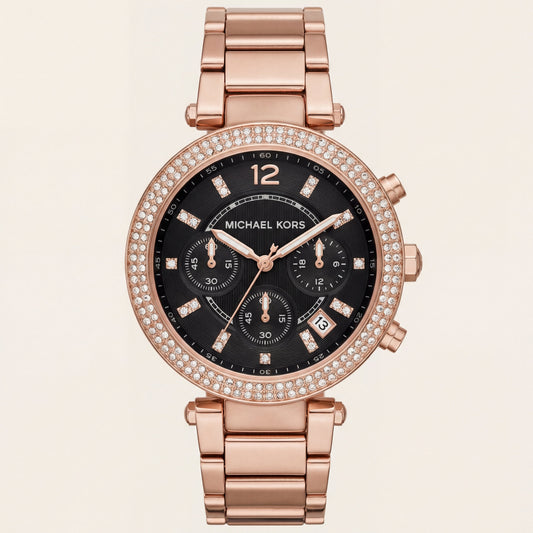 Rose Gold Crystal Bezel Black Dial Chronograph Bracelet Watch