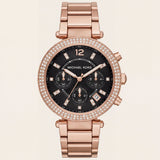 Rose Gold Crystal Bezel Black Dial Chronograph Bracelet Watch