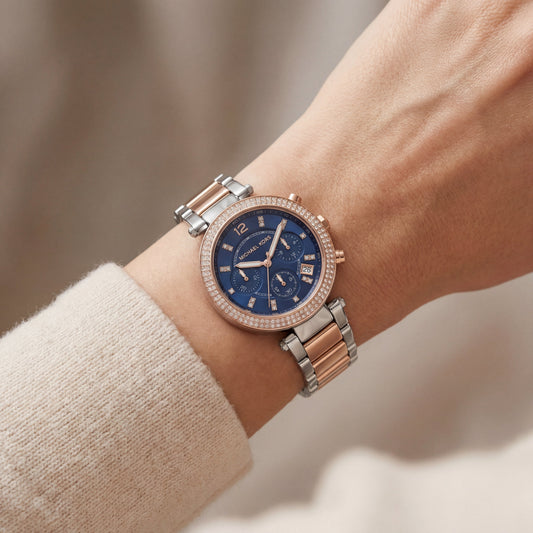 Two-Tone Rose Gold & Silver Crystal Bezel Blue Dial Chronograph Bracelet Watch