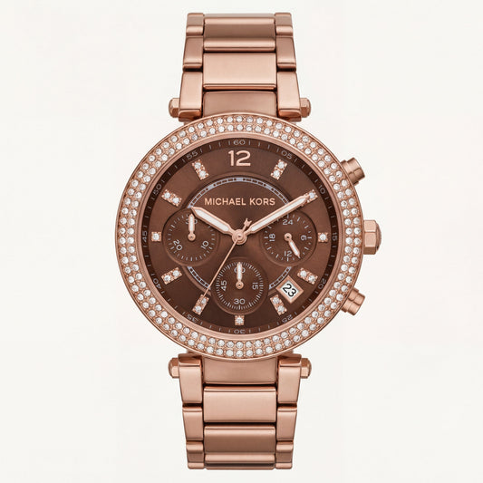 Rose Gold Crystal Bezel Brown Dial Chronograph Bracelet Watch