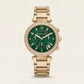 Gold Crystal Bezel Emerald Green Dial Chronograph Bracelet Watch