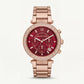 Rose Gold Crystal Bezel Ruby Red Dial Chronograph Bracelet Watch