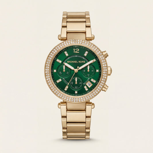 Gold Crystal Bezel Emerald Green Dial Chronograph Bracelet Watch