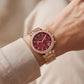 Rose Gold Crystal Bezel Ruby Red Dial Chronograph Bracelet Watch