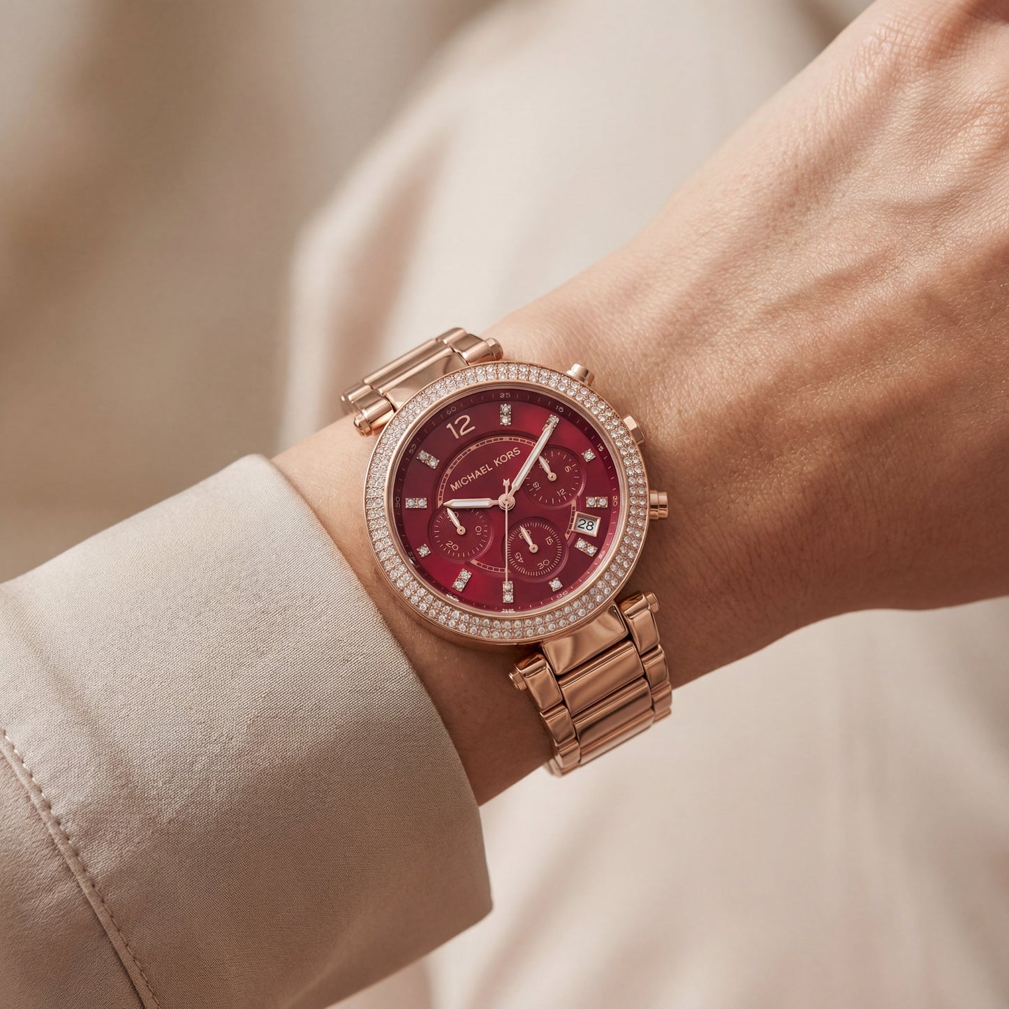 Rose Gold Crystal Bezel Ruby Red Dial Chronograph Bracelet Watch