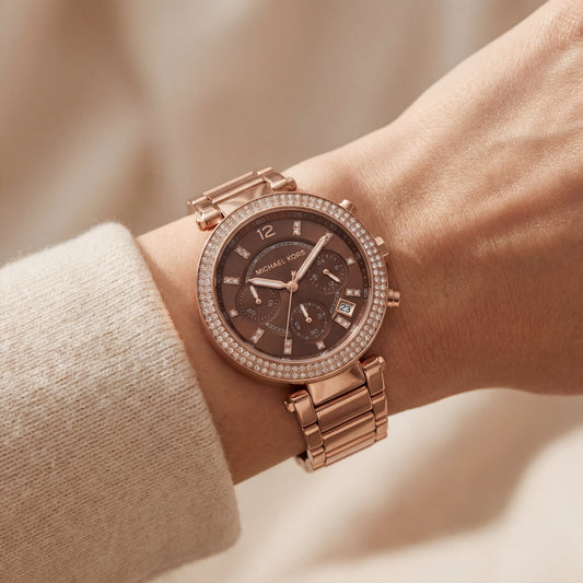 Rose Gold Crystal Bezel Brown Dial Chronograph Bracelet Watch