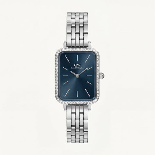 Midnight Blue Rectangle Crystal Watch – Silver Luxe Edition