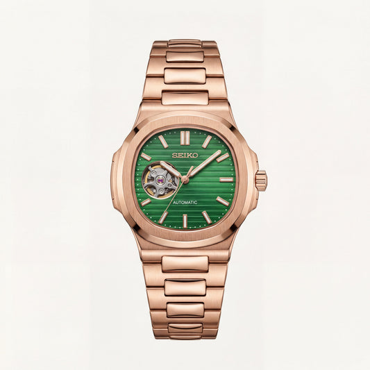 Rose Gold Green Dial Open-Heart Automatic Watch