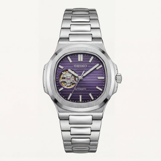 Silver Purple Dial Open-Heart Automatic Steel Watch