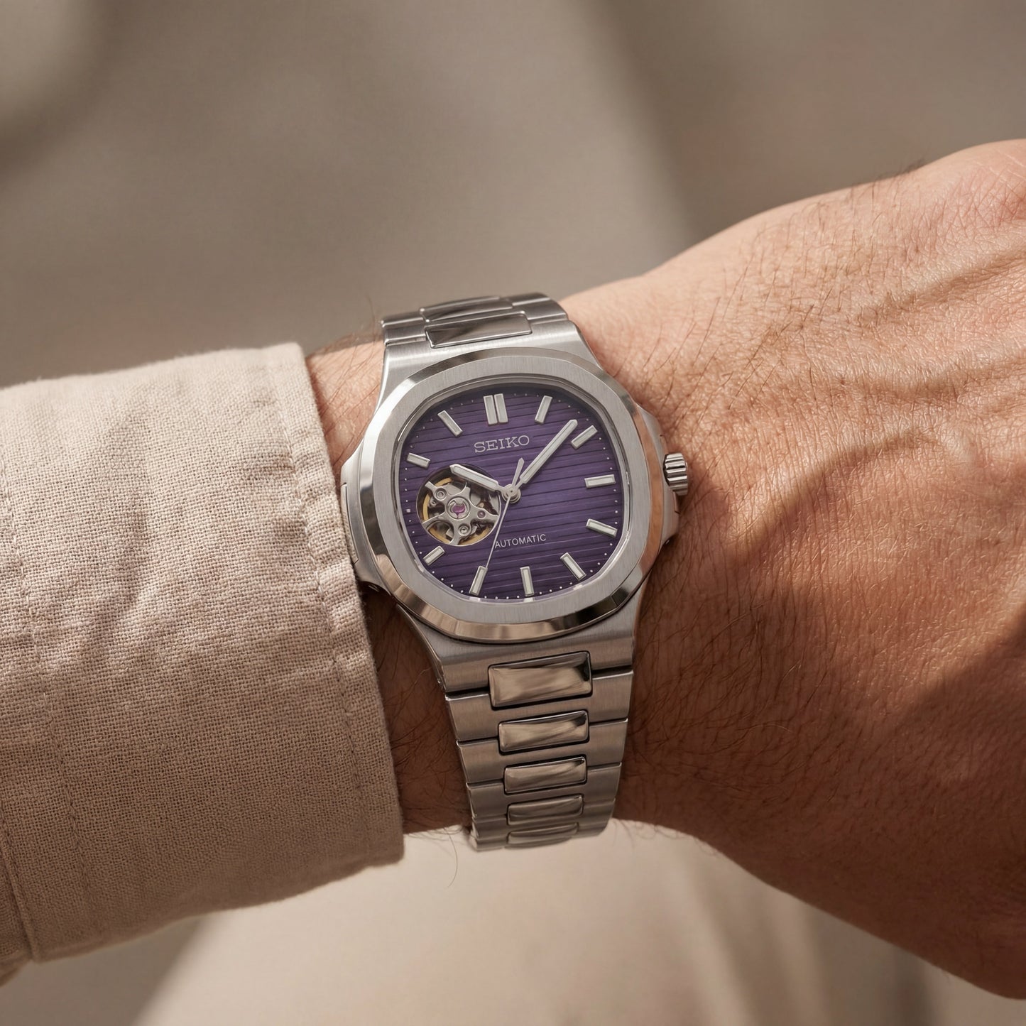 Silver Purple Dial Open-Heart Automatic Steel Watch