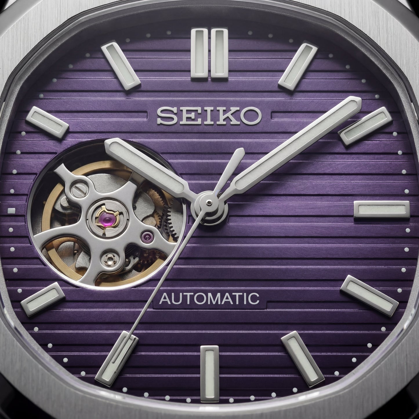 Silver Purple Dial Open-Heart Automatic Steel Watch