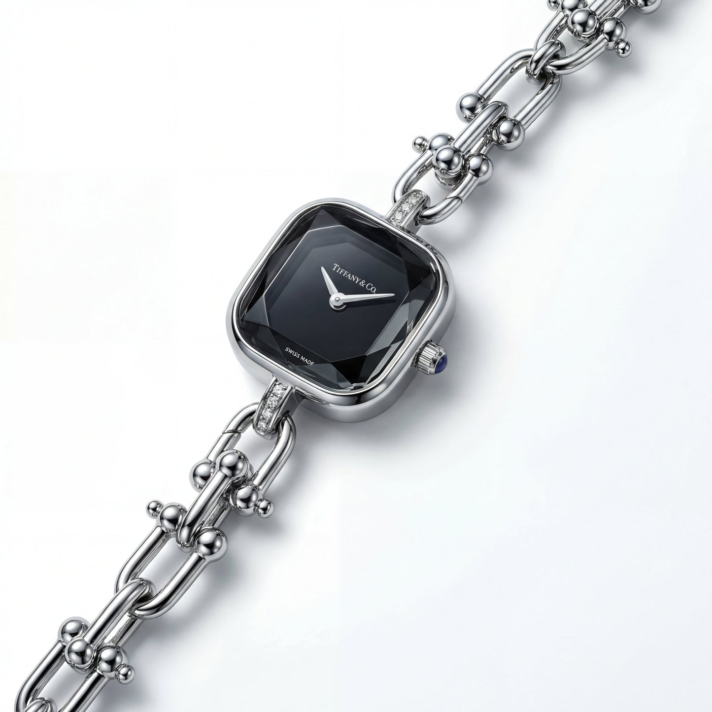 Silver Square Case Midnight Black Faceted Dial Jewelry Bracelet Watch – Women