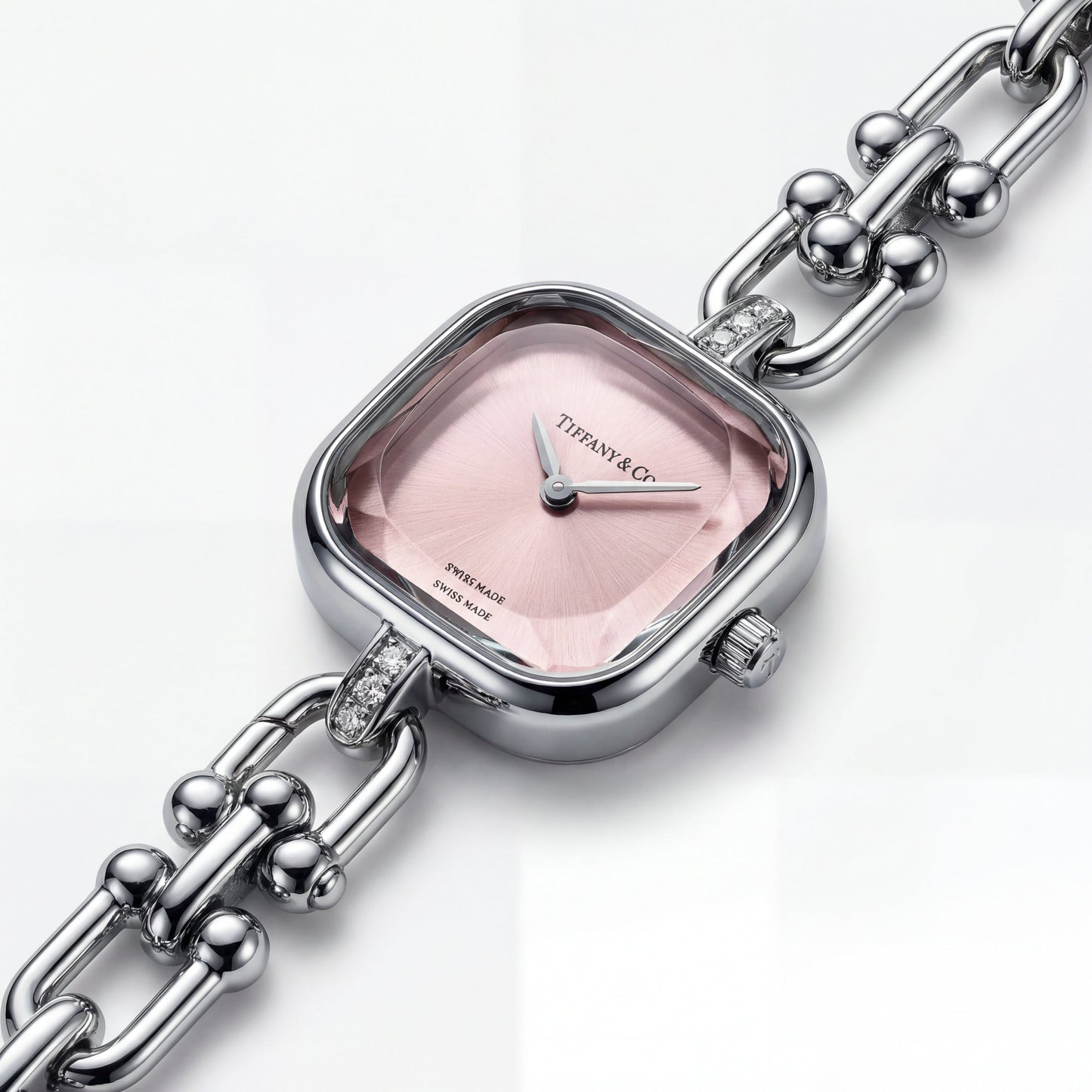 Silver Square Case Rose Pink Faceted Dial Jewelry Bracelet Watch – Women