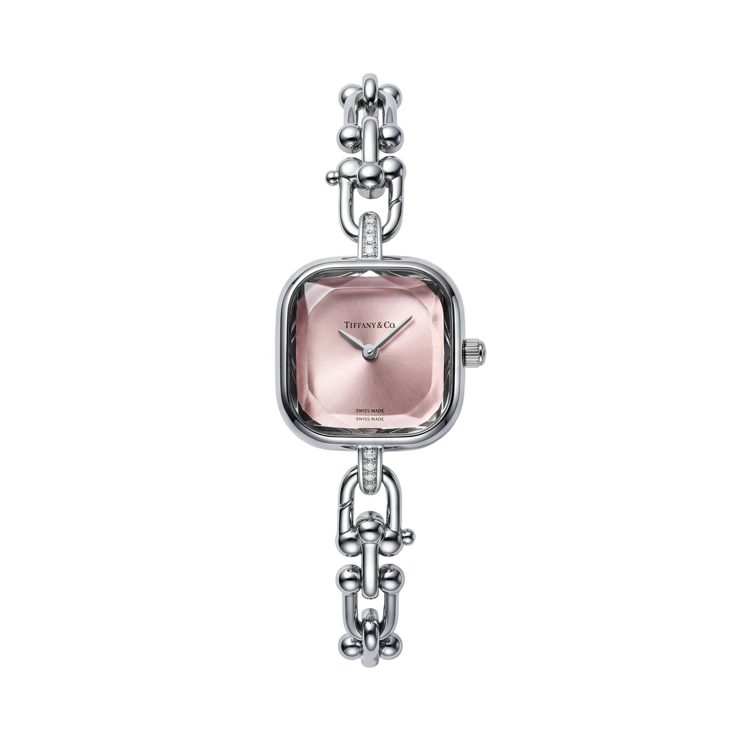 Silver Square Case Rose Pink Faceted Dial Jewelry Bracelet Watch – Women