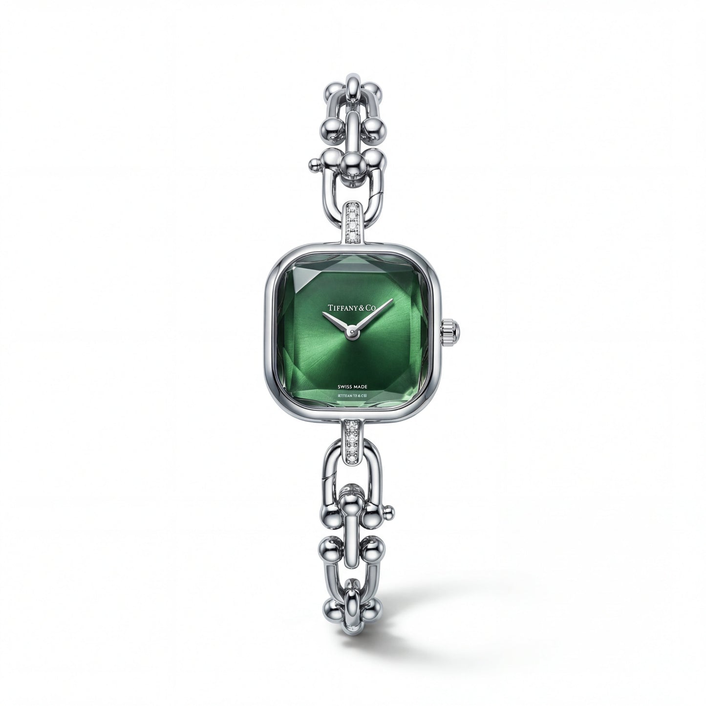 Silver Square Case Emerald Faceted Dial Jewelry Bracelet Watch – Women
