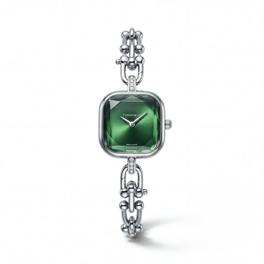 Silver Square Case Emerald Faceted Dial Jewelry Bracelet Watch – Women