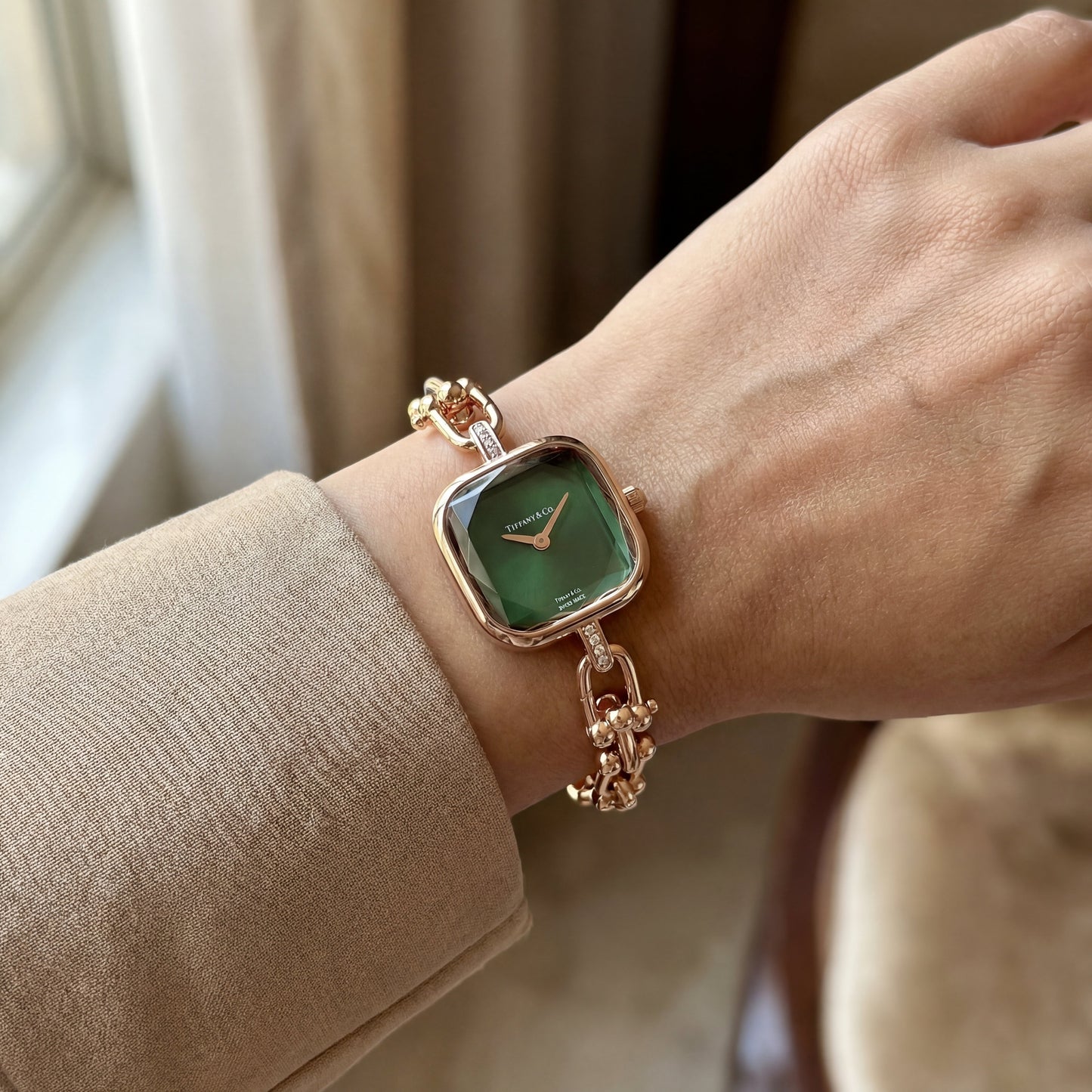 Rose Gold Square Case Emerald Sunray Dial Jewelry Bracelet Watch – Women