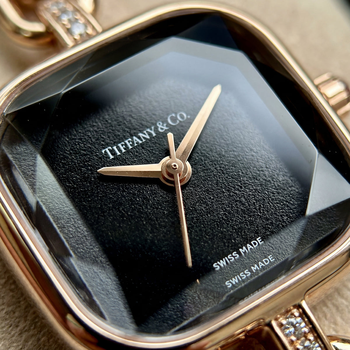 Rose Gold Square Case Black Faceted Dial Jewelry Bracelet Watch – Women