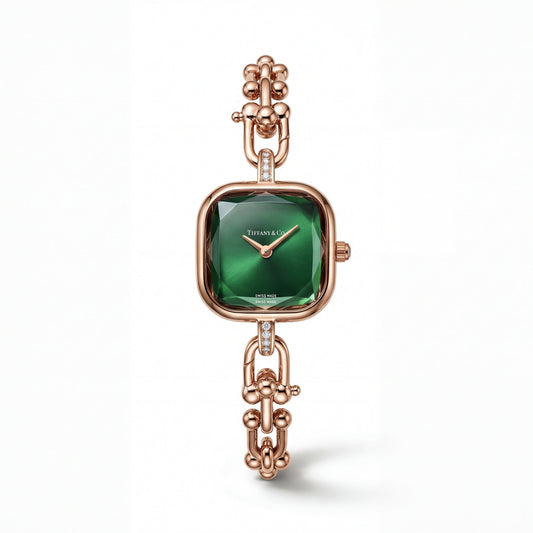 Rose Gold Square Case Emerald Sunray Dial Jewelry Bracelet Watch – Women