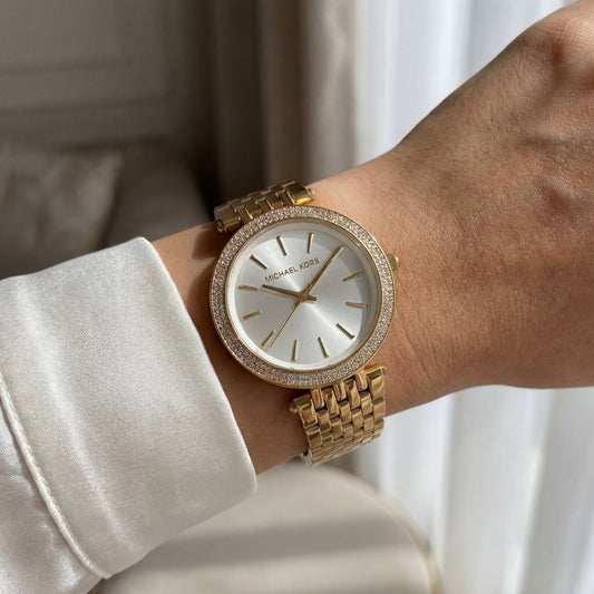 Gold Crystal Bezel Silver Sunray Dial Luxury Bracelet Watch – Women