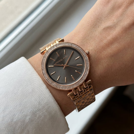 Rose Gold Crystal Bezel Brown Sunray Dial Luxury Bracelet Watch – Women