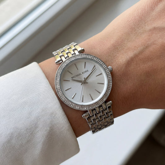 Stainless Steel Crystal Bezel Silver Sunray Dial Luxury Bracelet Watch – Women