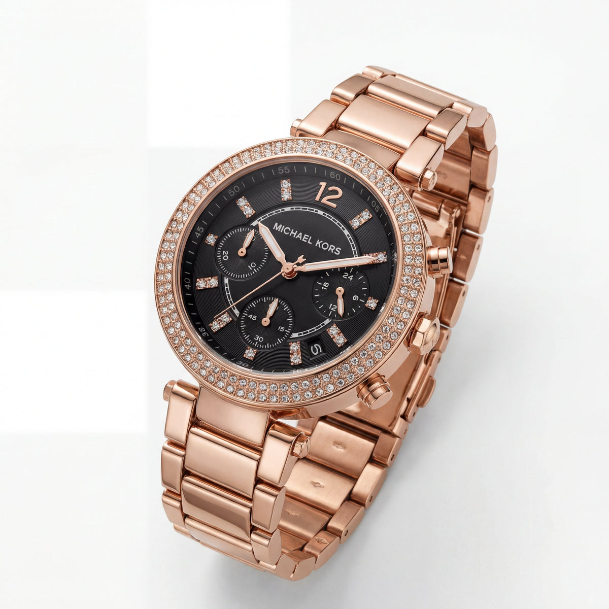 Rose Gold Crystal Bezel Black Chronograph Luxury Bracelet Watch – Women