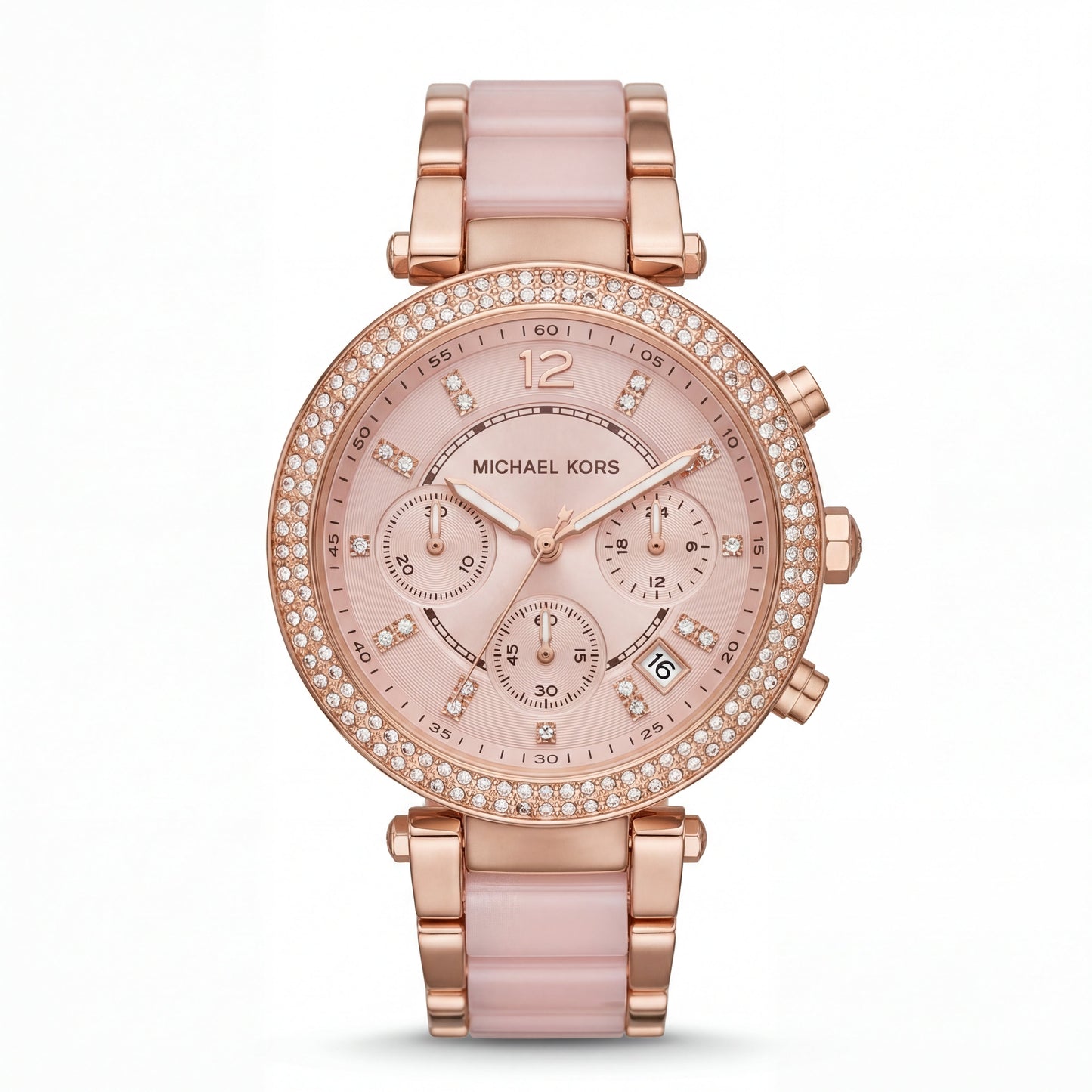 Rose Gold Crystal Bezel Blush Chronograph Dial Luxury Bracelet Watch – Women