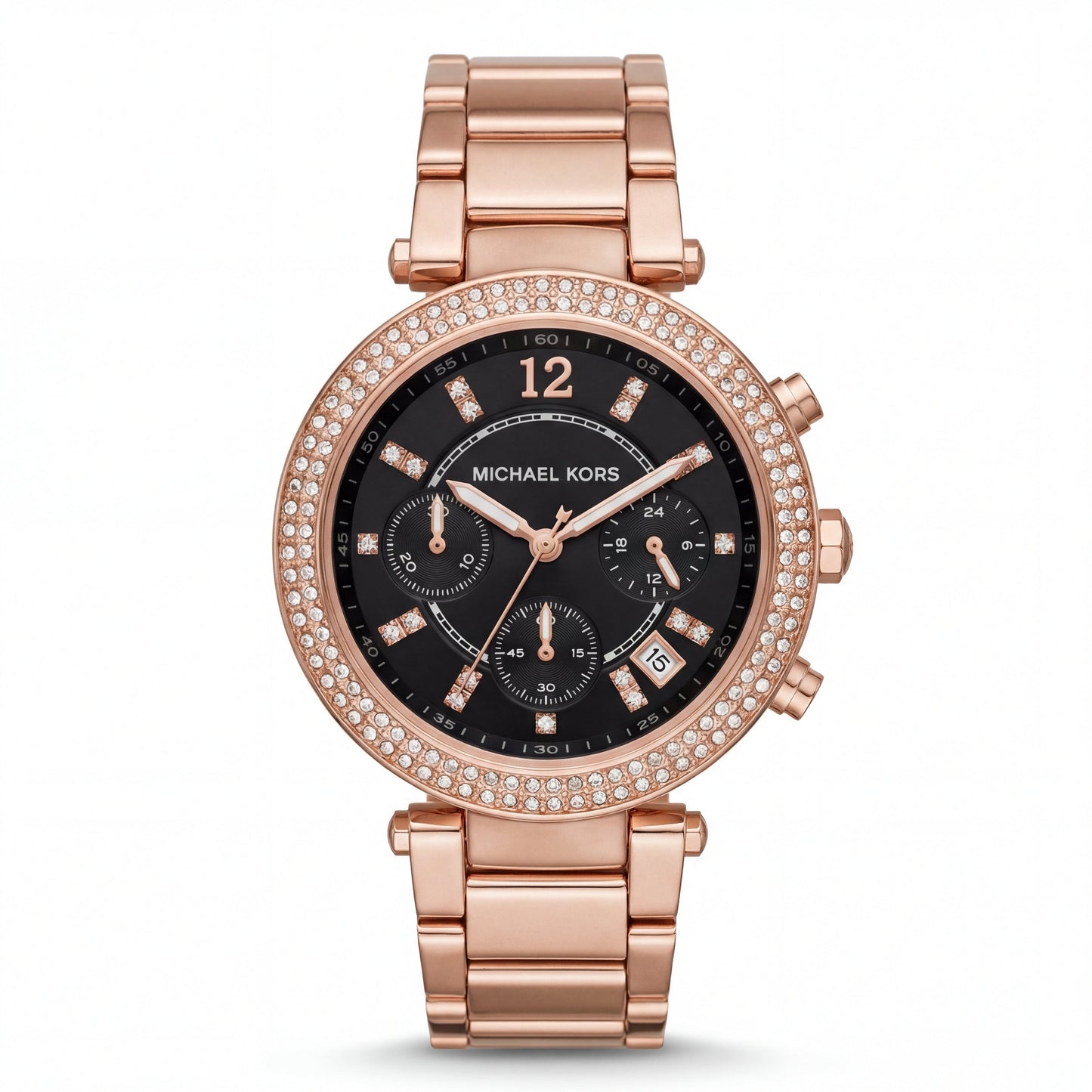 Rose Gold Crystal Bezel Black Chronograph Luxury Bracelet Watch – Women