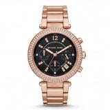 Rose Gold Crystal Bezel Black Chronograph Luxury Bracelet Watch – Women