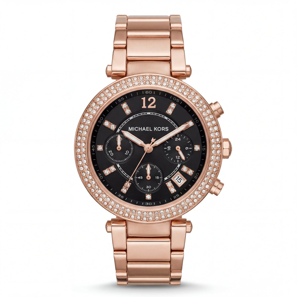 Rose Gold Crystal Bezel Black Chronograph Luxury Bracelet Watch – Women