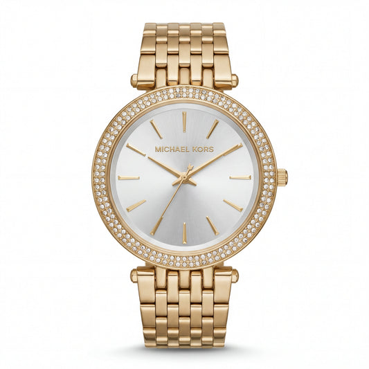Gold Crystal Bezel Silver Sunray Dial Luxury Bracelet Watch – Women