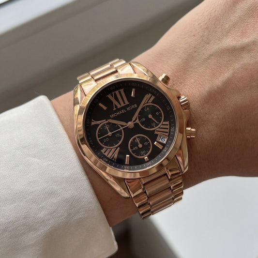Rose Gold Chronograph Black Dial Roman Numeral Luxury Bracelet Watch – Women