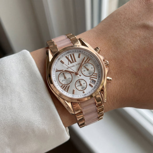 Rose Gold Chronograph White Dial Roman Numeral Luxury Bracelet Watch – Women