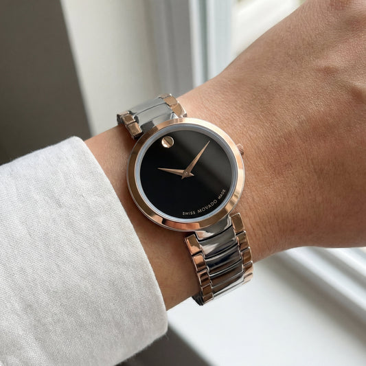 Two-Tone Steel & Rose Gold Minimalist Black Dial Luxury Bracelet Watch – Women