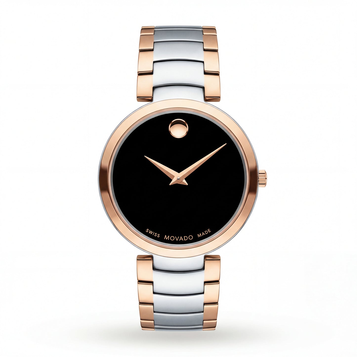 Two-Tone Steel & Rose Gold Minimalist Black Dial Luxury Bracelet Watch – Women