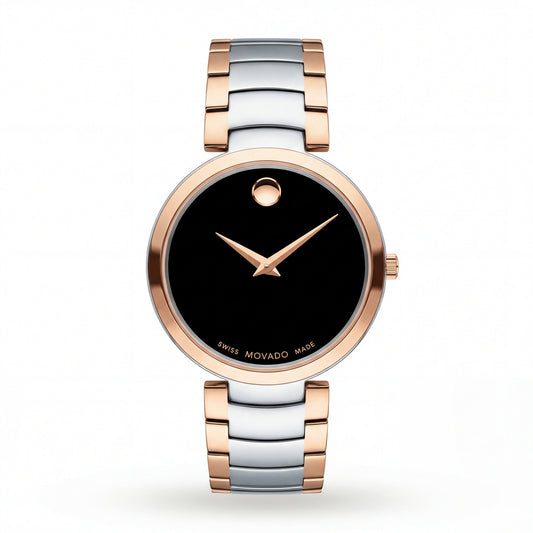 Two-Tone Steel & Rose Gold Minimalist Black Dial Luxury Bracelet Watch – Women