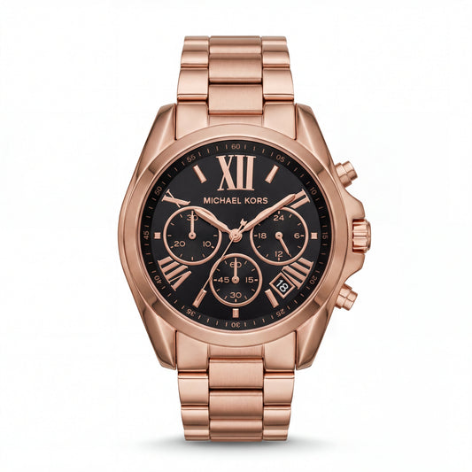 Rose Gold Chronograph Black Dial Roman Numeral Luxury Bracelet Watch – Women