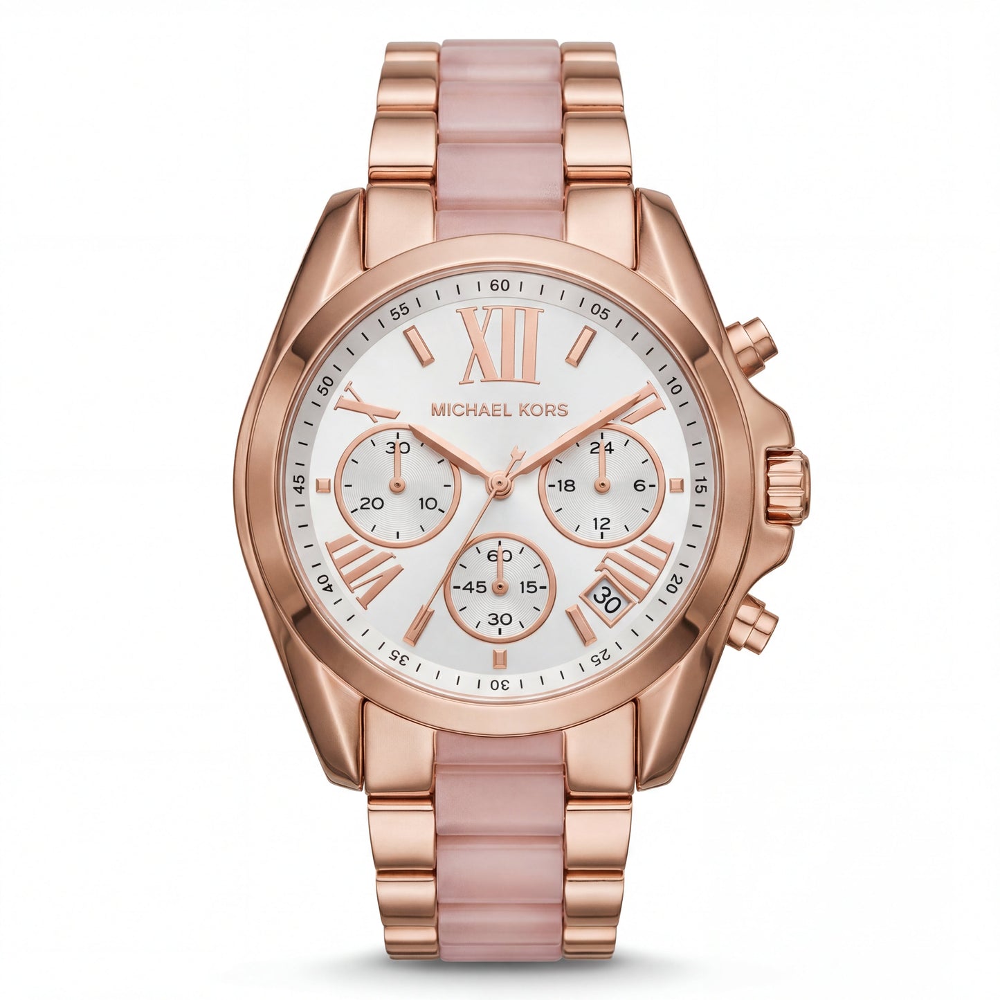Rose Gold Chronograph White Dial Roman Numeral Luxury Bracelet Watch – Women