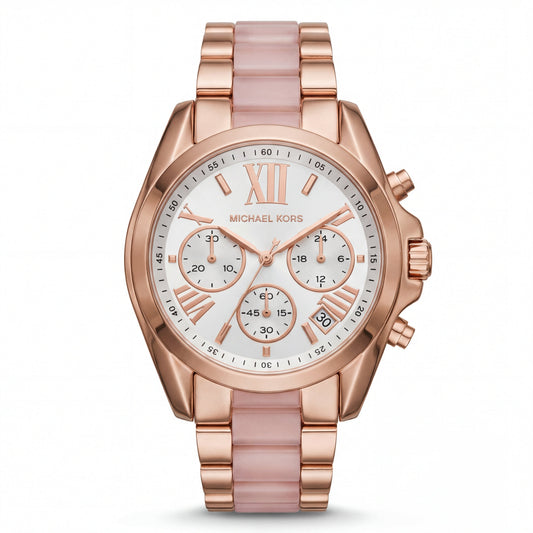 Rose Gold Chronograph White Dial Roman Numeral Luxury Bracelet Watch – Women