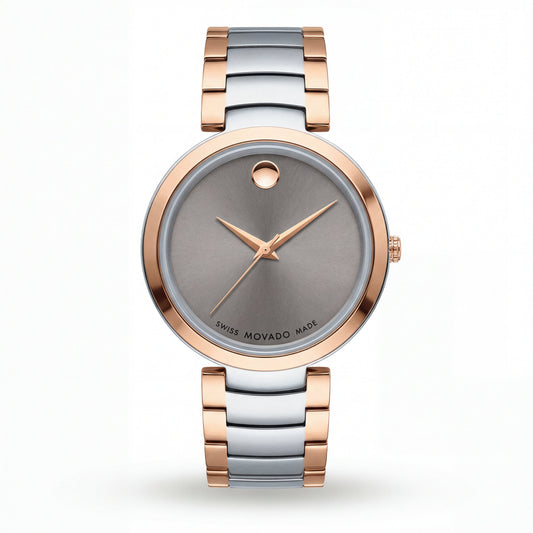 Two-Tone Steel & Rose Gold Minimalist Grey Sunray Dial Luxury Bracelet Watch – Women