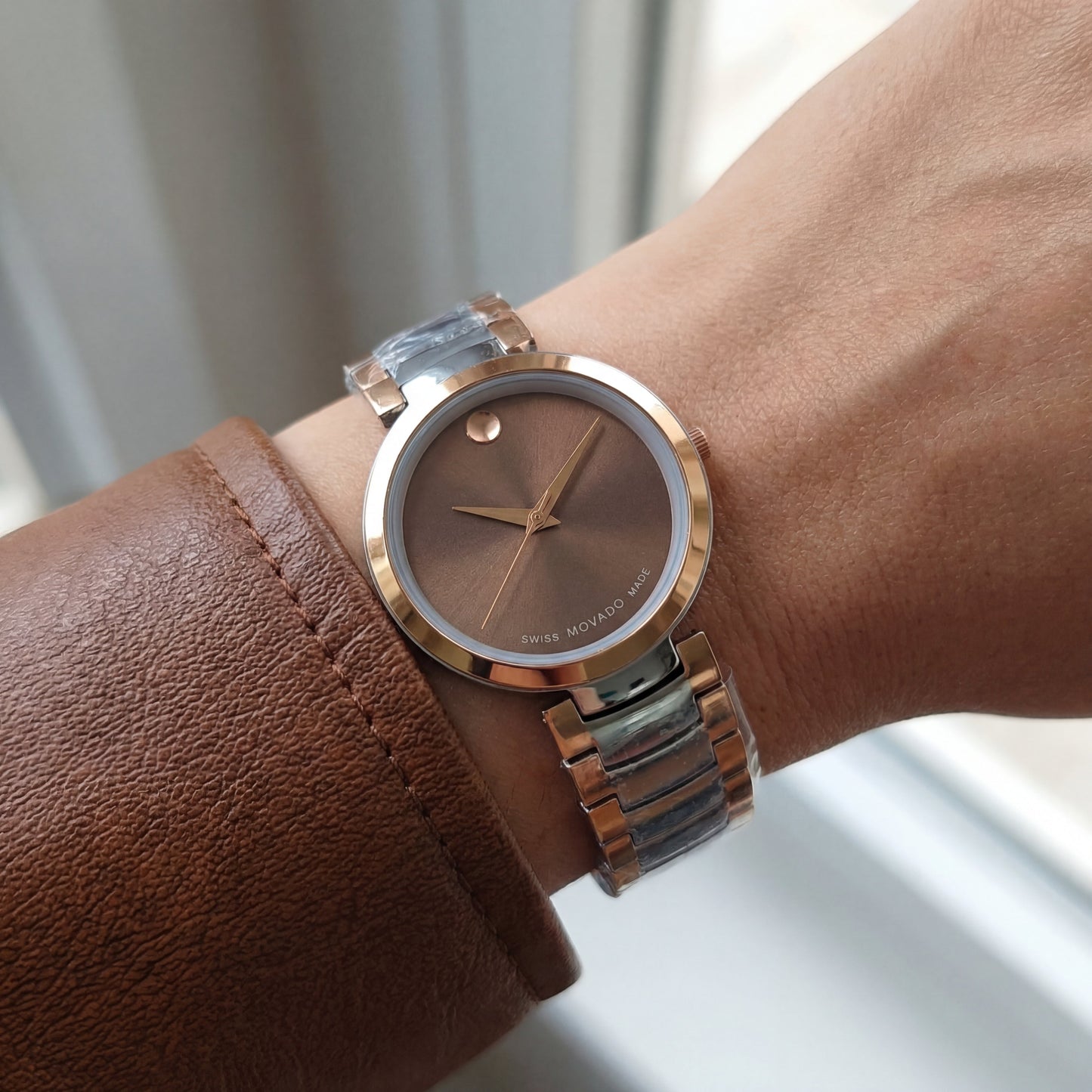 Two-Tone Steel & Rose Gold Minimalist Brown Sunray Dial Luxury Bracelet Watch – Women