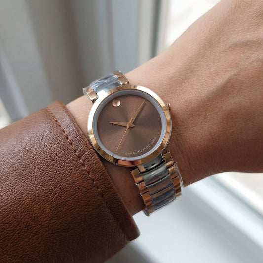 Two-Tone Steel & Rose Gold Minimalist Brown Sunray Dial Luxury Bracelet Watch – Women